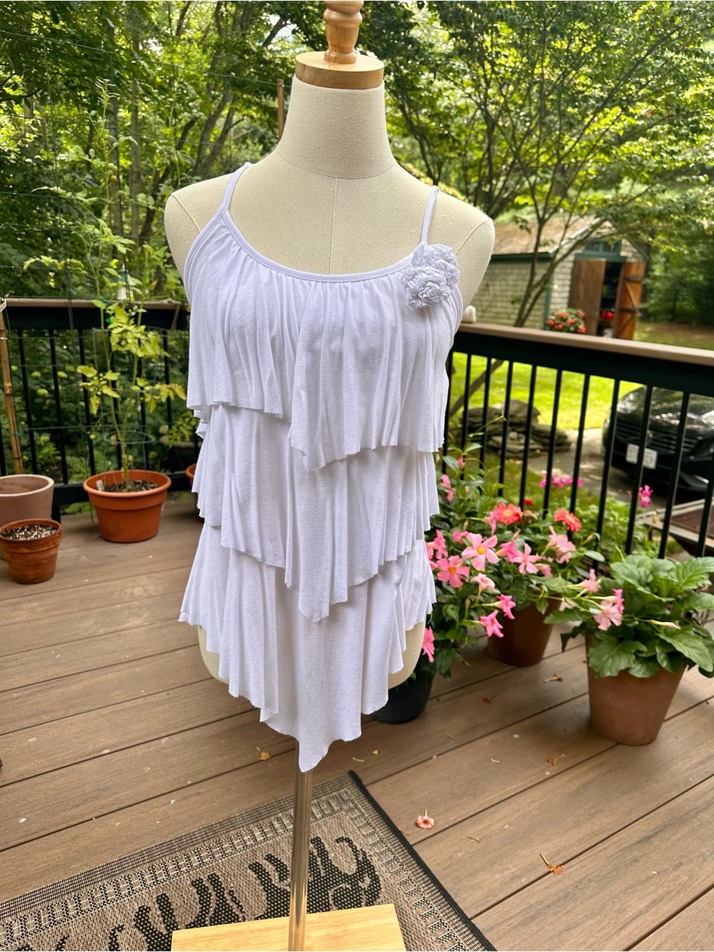 American Dream White Layered Ruffle Camisole with Floral Accent